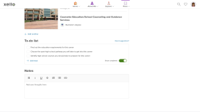 Student account in Xello. A student's plan is open with a focus on the To-do list. Items on the list include "Find out the edcuation requirements for this career"